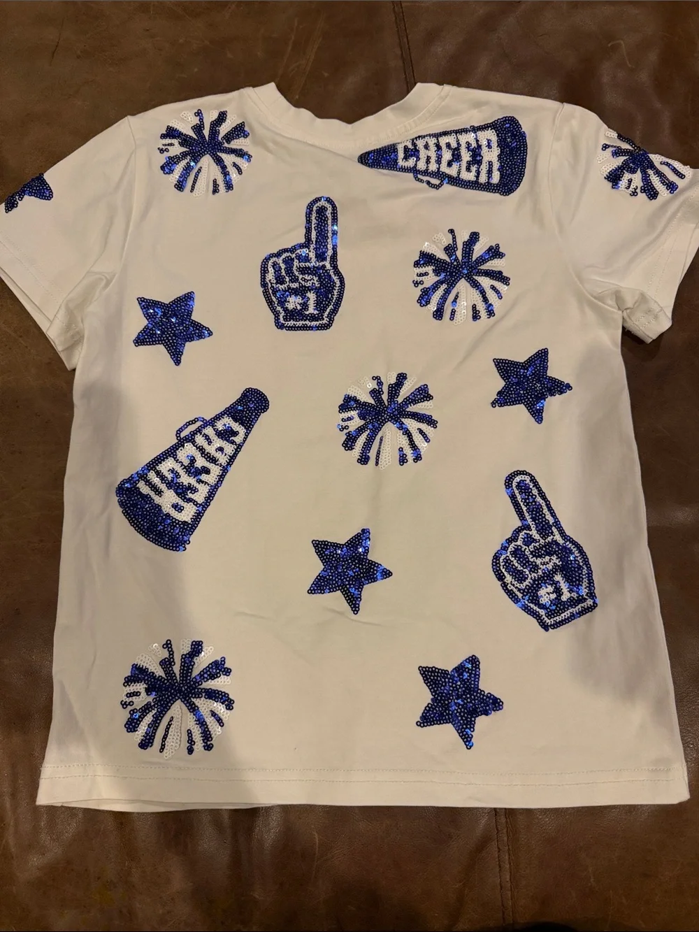 Belle Cher Girl’s White T‑Shirt with Blue Sequin Cheer Motifs